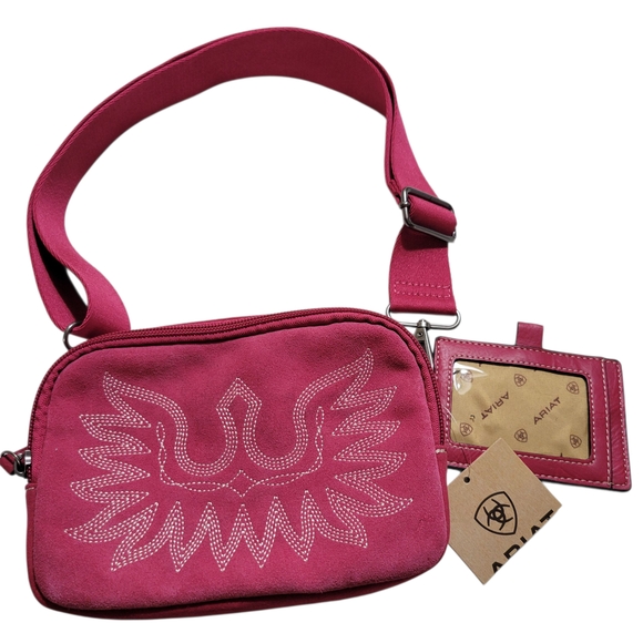 Ariat Hot Pink Belt Bag Genuine Leather with Embroidered Design - Picture 2 of 15